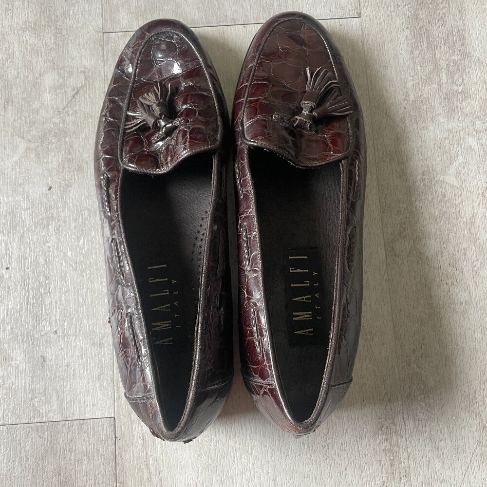 Amalfi Italy Chocolate Brown Patent Leather Crocodile Loafers with Tassels